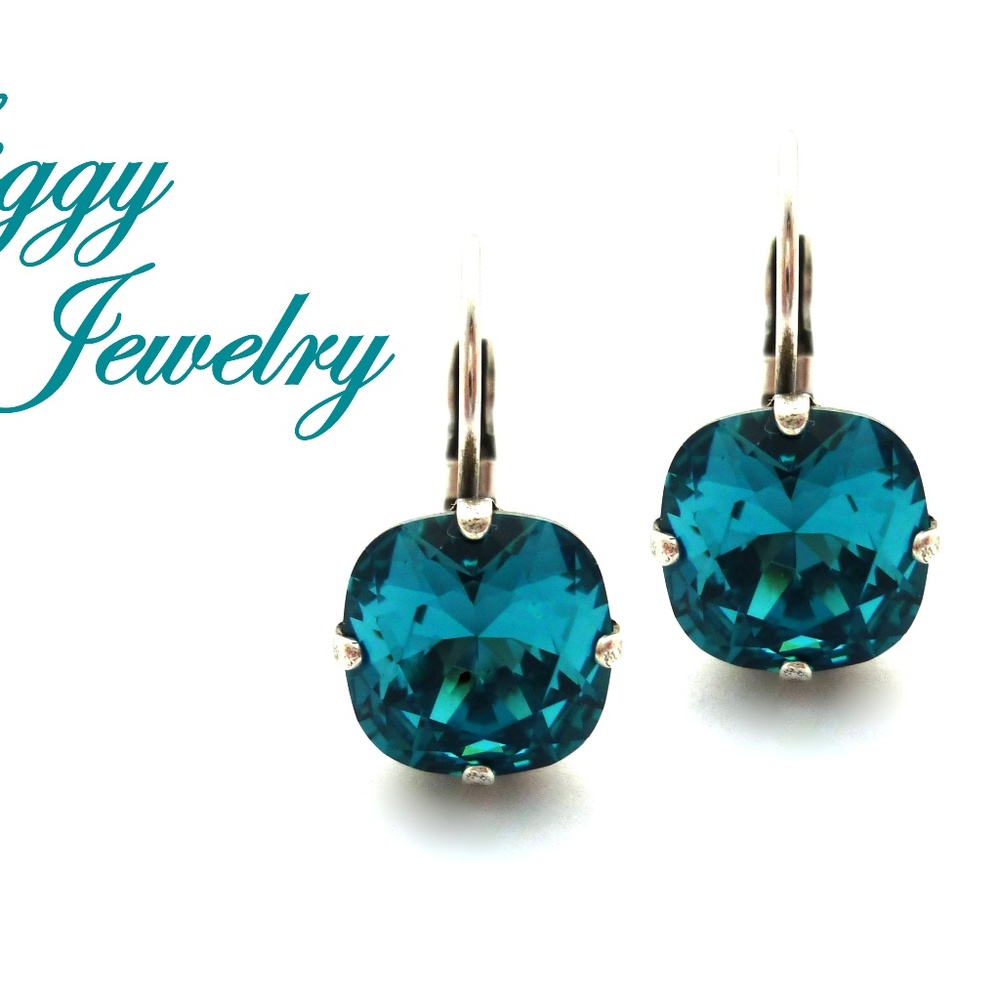 Swarovski Crystal Teal Blue Cushion Cut Earrings